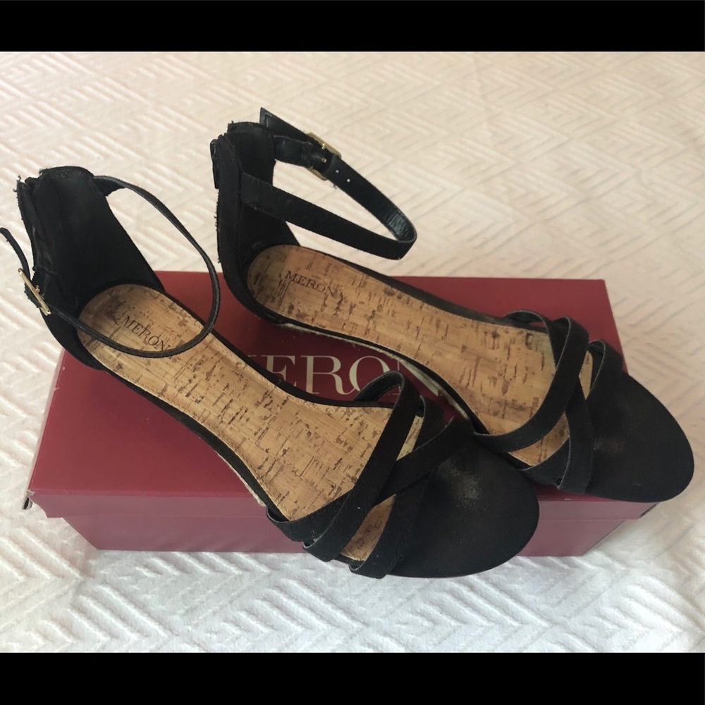 Black fabric ankle strap sandals